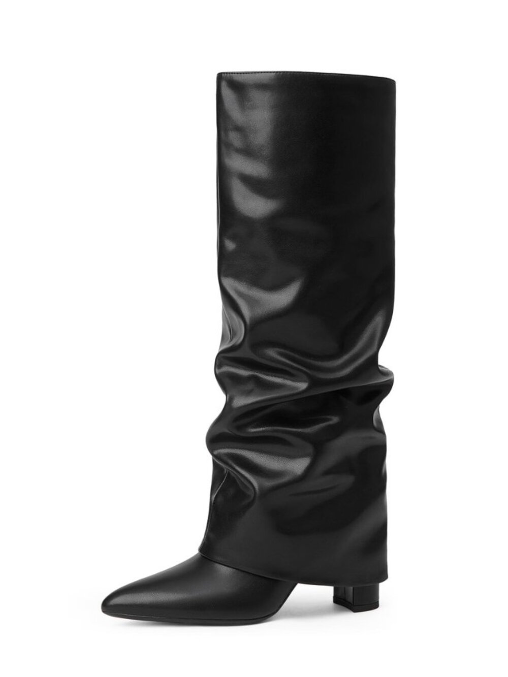 Knee High Boots Women Fold Over Boots Chunky Heel Pointed Toe Tall Boots